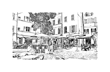 Building view with landmark of La Ciotat is the 
commune in France. Hand drawn sketch illustration in vector.