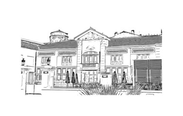 Building view with landmark of La Ciotat is the 
commune in France. Hand drawn sketch illustration in vector.