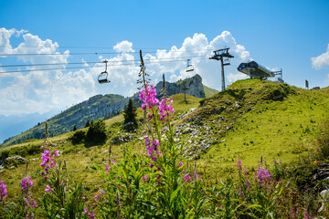 Mountain station of the Tour d'Aï chairlift in Leysin with fresh green alpine meadows in the...