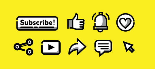 Illustration Vector Graphic icon simple  of Subscribe Button, Like, love, share, comment and Notification Bell Icon. Suitable for vlog asset.