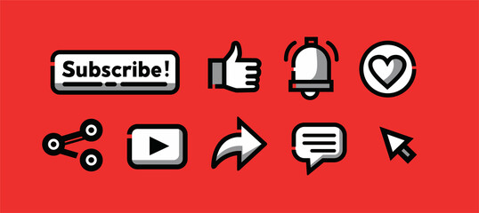 Illustration Vector Graphic icon simple  of Subscribe Button, Like, love, share, comment and Notification Bell Icon. Suitable for vlog asset.
