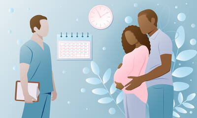 A happy African-American couple expecting a baby at a doctor's appointment. Healthcare, pregnancy, medicine. Vector illustration. 