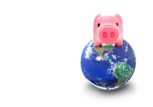 Piggy Bank on top of global world on White Background, World Bank saving economy concept, Elements of this image furnished by NASA