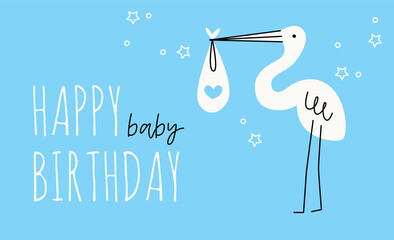 An illustration of a heron or stork on an isolated background. A postcard for the birth of a child. Dusty pastel colors. Modern flat style: spot and line. Scandinavian design. Text happy birthday