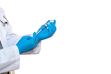The doctor Wearing blue rubber gloves, holding syringes and vaccine bottles for treatment patient, On white isolated background, to people health care and vaccine concept.