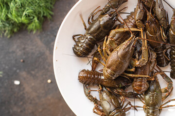 crayfish fresh seafood ready to cook raw product meal snack on the table copy space food background rustic 
