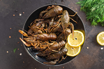 crayfish fresh seafood ready to cook raw product meal snack on the table copy space food background rustic 