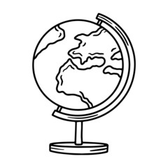 Linear vector icon of the school globe on a stand in the doodle sketch style