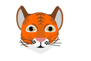 Tiger, bright color drawing of a tiger head on a white background, a symbol of the new year, cartoon character for decoration and printing