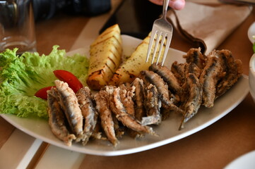 Seafood, Fried Sardines, roasted potatoes, and greek salad