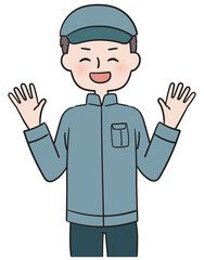両手をあげて喜ぶ作業服姿の男性