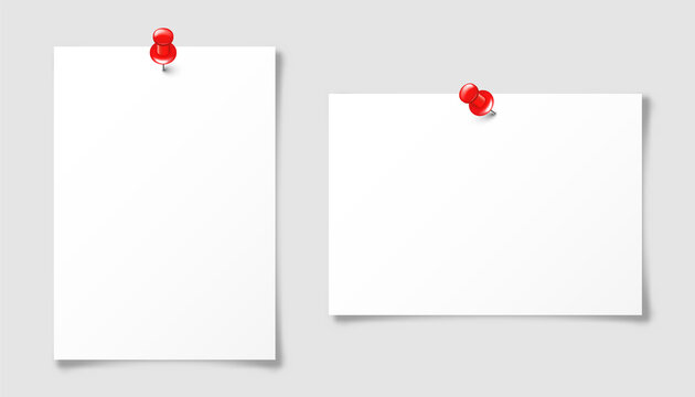 Realistic blank paper sheet in A4 format with red push pin. Notebook page, document. Design template or mockup. Vector illustration.