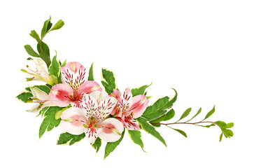 White and pink alstroemeria flowers and leaves in a corner floral arrangement