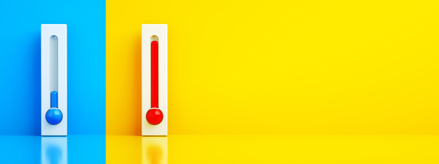 blue and red thermometers over bright background, regulation of the air conditioner in any weather,...