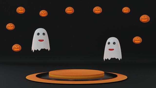 Black And Orange Display Stage Decorated With Smile White Boo Ghost And Floating Orange Jack O' Lantern Pumpkins, Happy Halloween Background, 3d Rendering