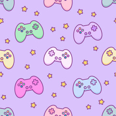 Game cute backdrop with colorful Joystick and stars. Kawaii vector seamless pattern for geek gamer girl or kid in 80s - 90s cartoon line style. Teen gaming print for fabric, wrapping paper, textile © Professor purr