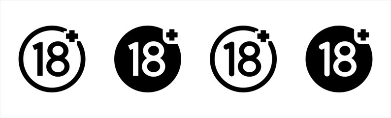 Age restriction signs. Marks age limit. Sign for the restriction of the age content. 18+ Icon isolated on white background. 