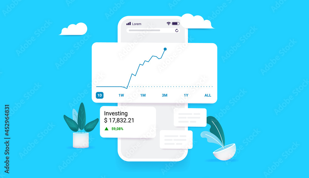 Leinwandbilder Investing and trading app on smartphone - Profitable investment online concept with graphs and stock market data on device screen. Vector illustration with blue background