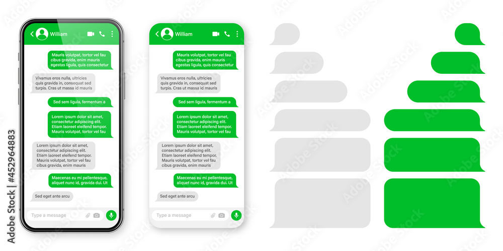 Wall mural Realistic smartphone with messaging app. Blank SMS text frame. Conversation chat screen with green message bubbles. Social media application. Vector illustration.
