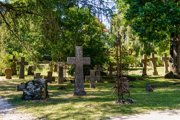 many headstones of different types in the cemetery at the Pirita Convent Ruins in northern Estonia