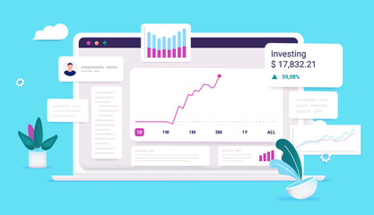 Investing online - Investment webpage on laptop computer with user interface, and charts showing profits. Profitable stock market trading concept. Vector illustration