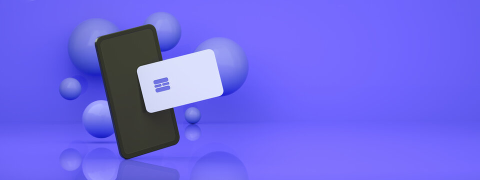 smartphone with credit card over blue  background, concept online payment panoramic layout, 3d render