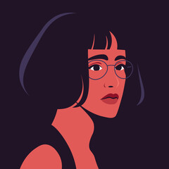 Portrait of a sad young woman in half turn with eyeglasses. Depression. Avatar for social networks. Vector illustration in flat style.