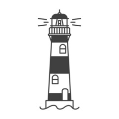 Lighthouse icon. A simple line drawing of a coastal structure that serves as a reference point for ships. Alternating colors in a circle. Vector.