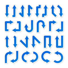 Colorful arrow stickers set. Blue pointers collection. Simple arrows in different shapes. Direction signs. Vector illustration.