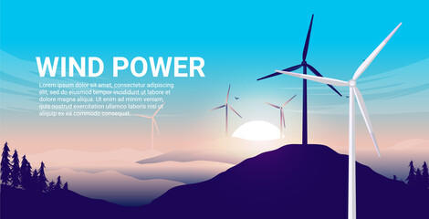 Wind power illustration - Windmills in nature landscape with sunrise and blue sky. Renewable clean energy concept. Vector format
