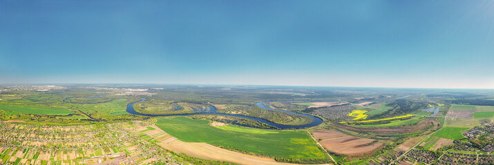 Panorama. Village. Belarusian village. Bobovichi village from a height. The nature of Belarus. Gomel region