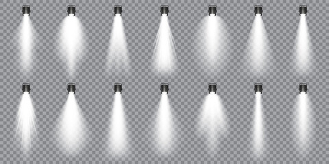 Illuminated studio spotlights collection. Bright light beam. Transparent realistic effect. Stage lighting. Glowing light rays. Vector illustration.