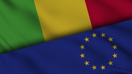 Mali and European Union Flags Together, Wavy Fabric, Breaking News, Political Diplomacy Crisis Concept, 3D Illustration