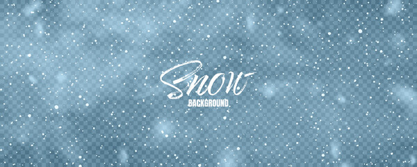 Realistic falling snow with snowflakes. Blue winter background for Christmas or New Year card. Frost storm effect. Vector illustration.