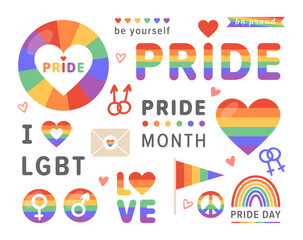Pride LGBT icon. Vector set of LGBTQ stickers doodles with heart, rainbow, love, pride flag, gender and peace for gay community. National Freedom to Marry Day, pride month. Human rights and tolerance