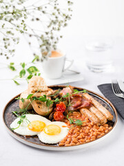 American Breakfast Sausage Egg Ham Bacon Toast and beans