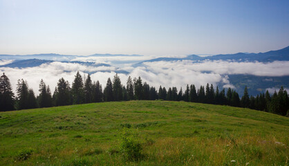 landscape above the clouds. Ceahlau mountain, Romania