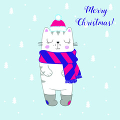 Vector illustration of cute sketch  white cat with winter hat, warm knitted scarf, old felt boots with colored patches, cartoon card with curly lettering Merry Christmas on textured background