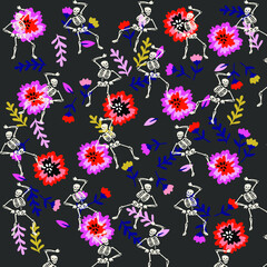 Dancing skeletons in a flower garden. Vector illustration of a holiday for the Day of the Dead or Halloween. Funny fabric design.
