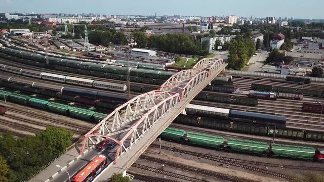 Aerial: The bridge over freight trains depot