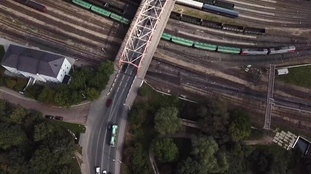 Aerial: The bridge over freight trains depot