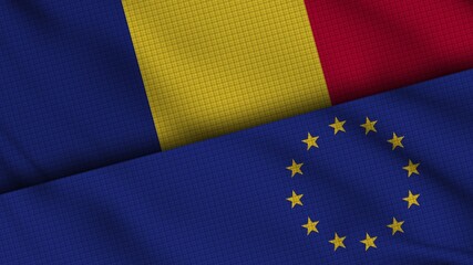 Romania and European Union Flags Together, Wavy Fabric, Breaking News, Political Diplomacy Crisis Concept, 3D Illustration