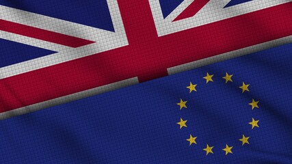 United Kingdom and European Union Flags Together, Wavy Fabric, Breaking News, Political Diplomacy Crisis Concept, 3D Illustration
