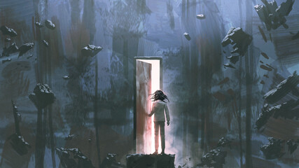 Kind, das an einem dunklen Ort steht und eine von innen beleuchtete Tür öffnet, digitaler Kunststil, Illustrationsmalerei