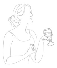 Silhouette of a lady. Girl with a glass of wine in a modern one line style. Continuous line drawing, aesthetic outline for home decor, posters, wall art, stickers, logo. Vector illustration.