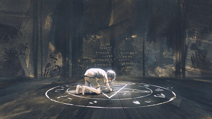 Ein Kind, das das böse Pantagramm zeichnet, ein Symbol des Dämons auf dem Boden, digitaler Kunststil, Illustrationsmalerei