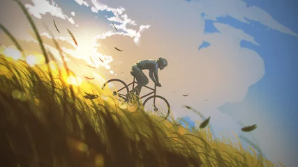 Tuinposter Een man die op een fiets een heuvel afrijdt, digitale kunststijl, illustratie, schilderkunst © grandfailure