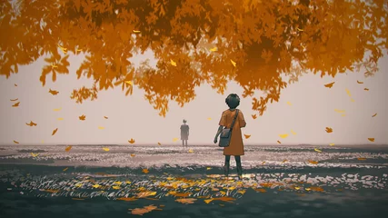 Foto op Aluminium jonge vrouw die onder de herfstboom stond, keek naar de man in de verte, digitale kunststijl, illustratie, schilderkunst © grandfailure