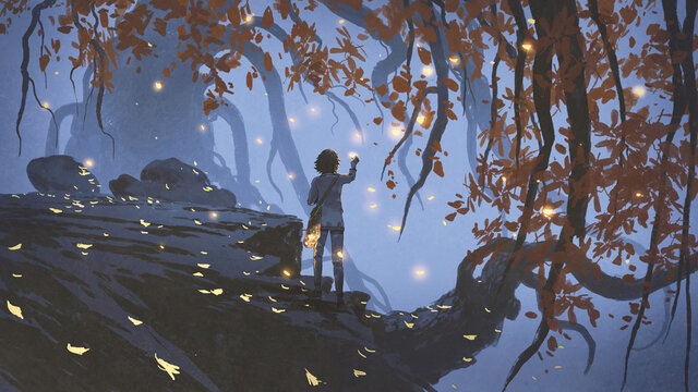 Fototapeta young woman collecting the glowing leaves that falling from the trees, digital art style, illustration painting