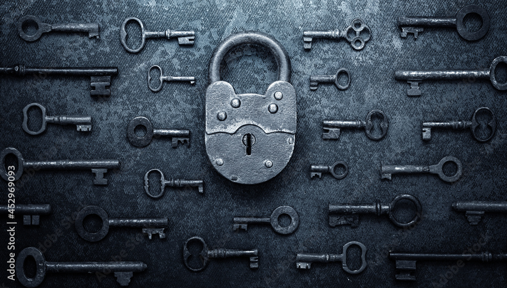 Poster antique door locks and keys on an old background. old padlock and key. set as a symbol of security, 